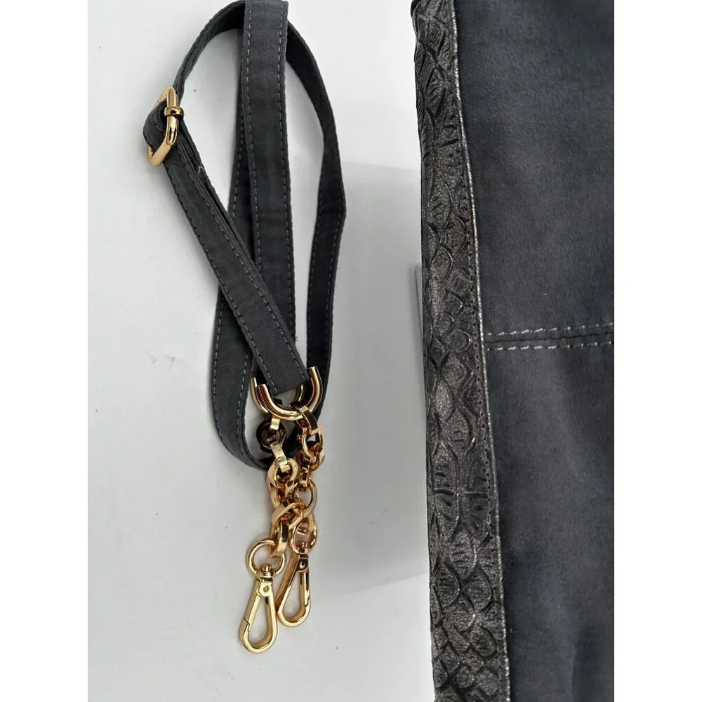 Deux Lux Satchel Tote Women Gray Faux Leather Croc Embossed Metallic Chain Strap